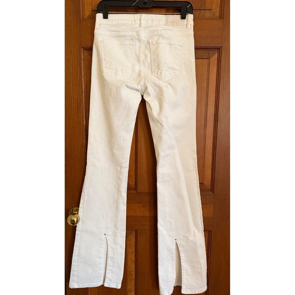 Zara Flare Jeans Womens Size 4 White Rear Split Hem Stretch‎ Denim